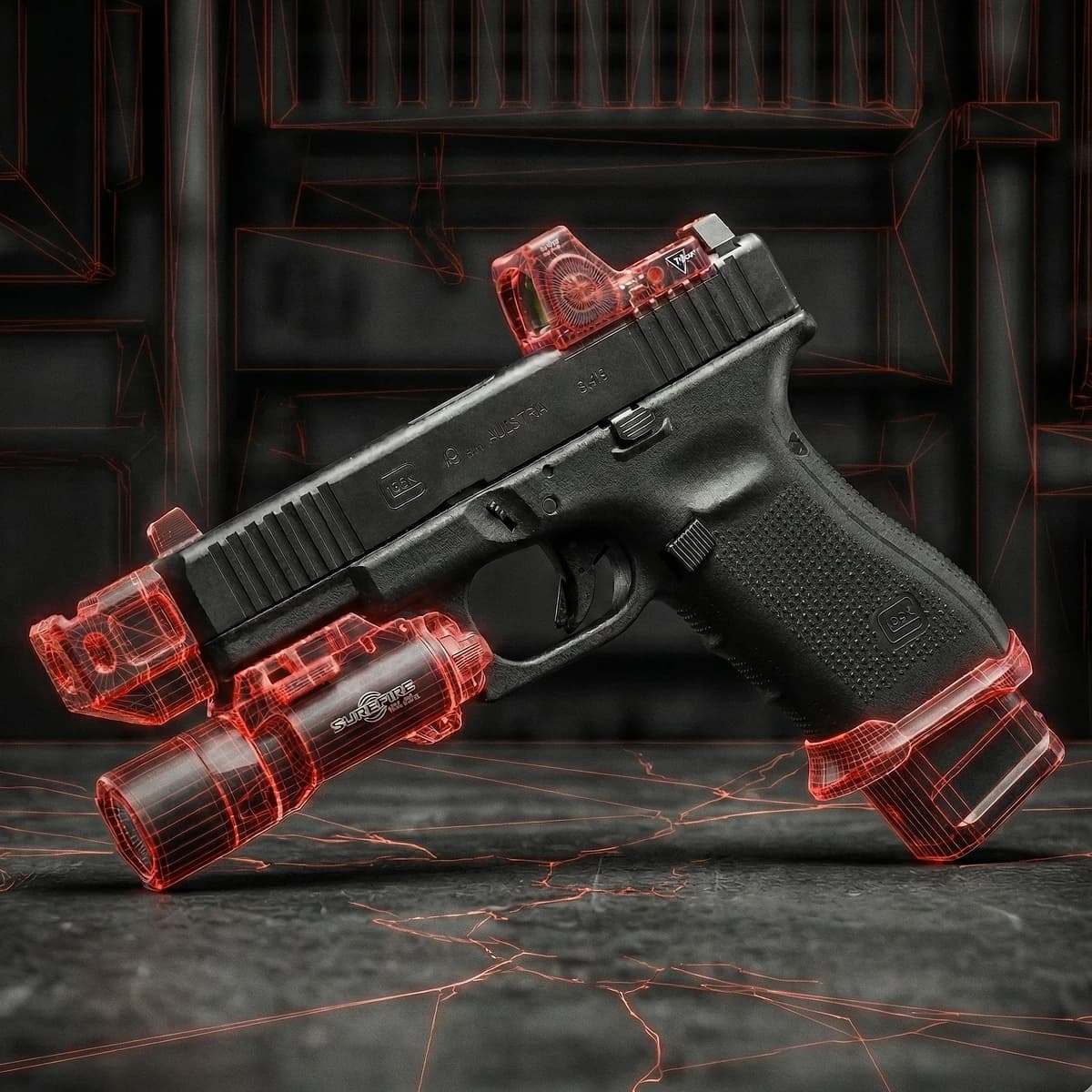 Glock pistol with red wireframe accessories - magwell, optic, and light